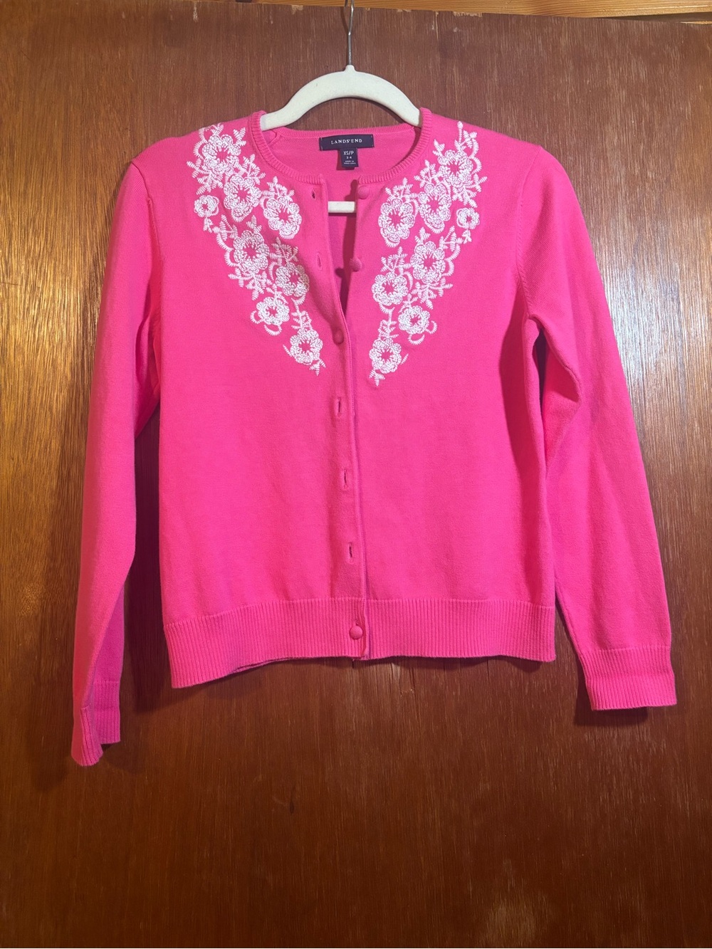 Lands' End Hot Pink Crewneck Cardigan with White Floral Embroidery